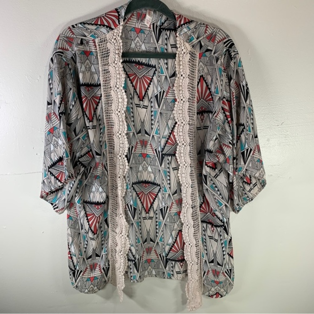 Tribal kimono crochet fringe geometric Festival sheer robe beach coverup XS